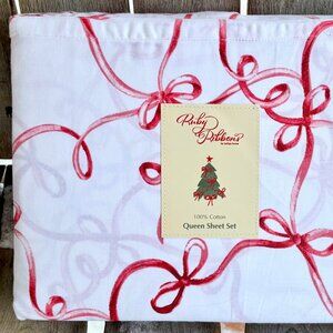 INDIGO Home QUEEN Size Cotton Red Holiday Bows Ribbons Sheet Set   RED Ribbons